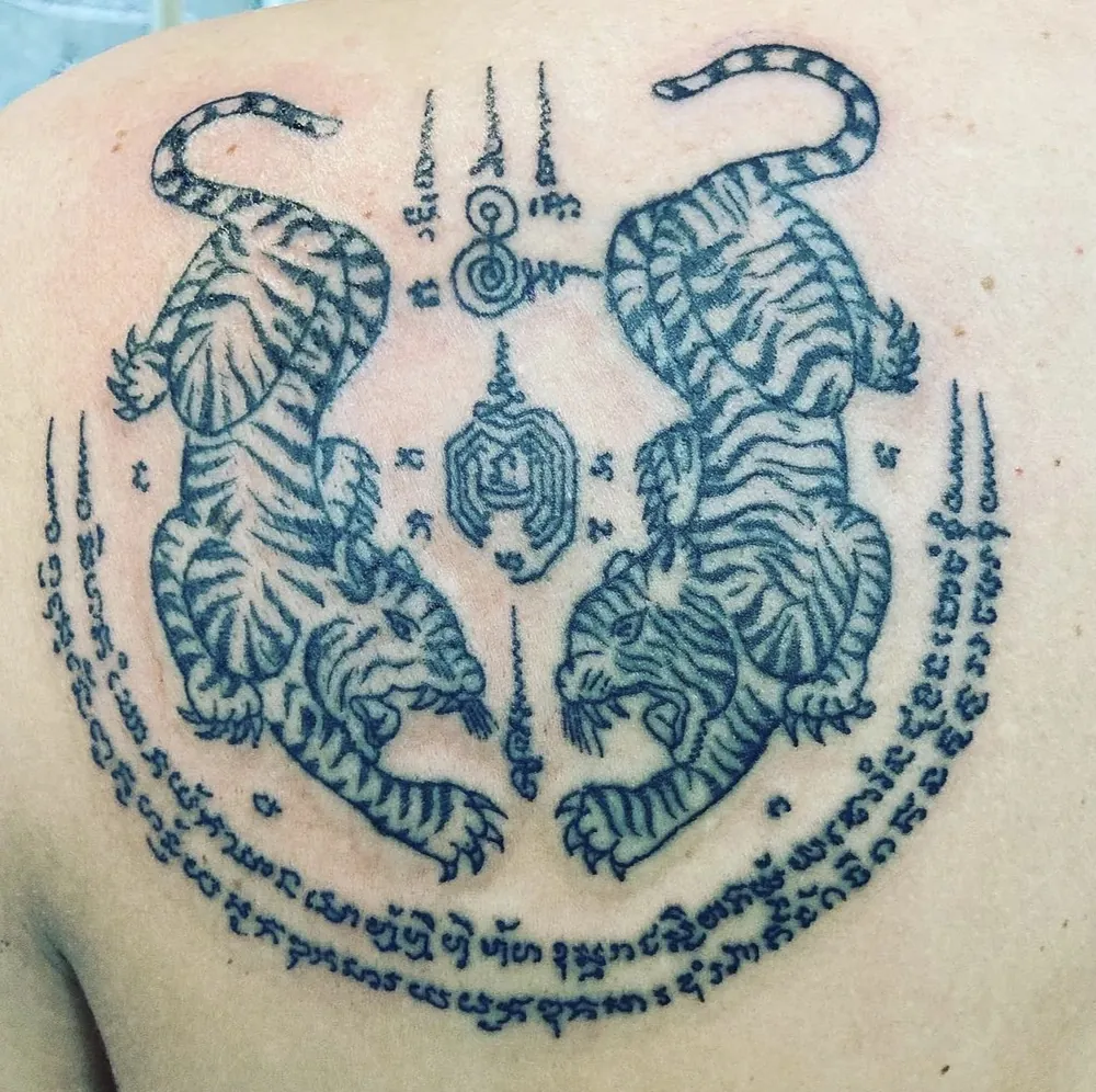 Thai inspired twin tiger tattoo design by Kangaroo Ink Patong