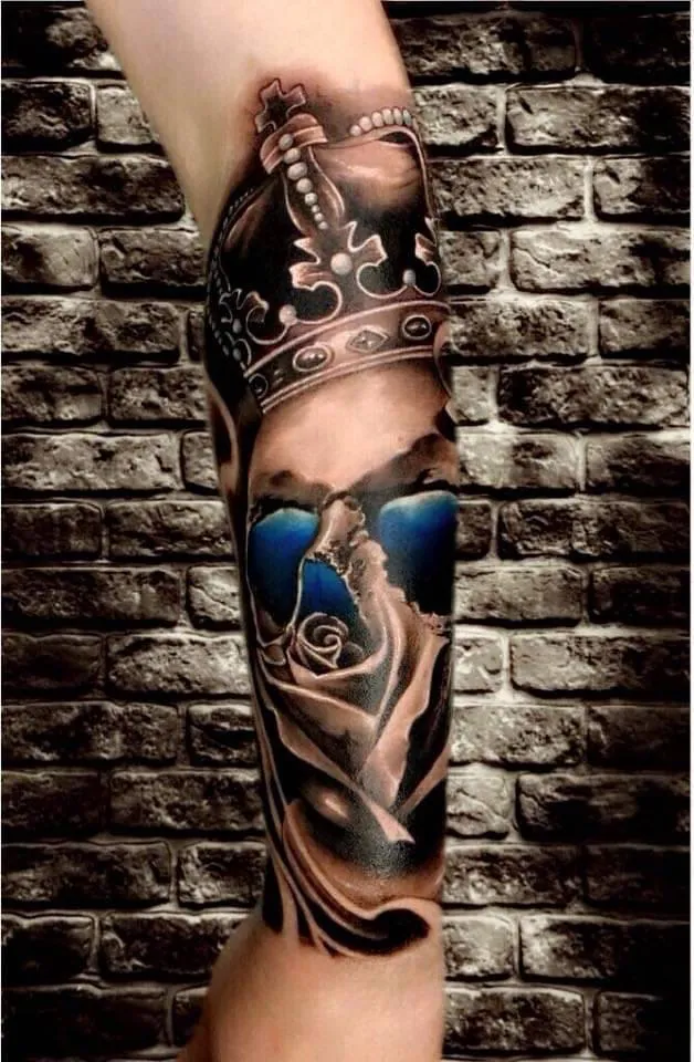 Colour rose and crown tattoo by Kangaroo Ink Patong