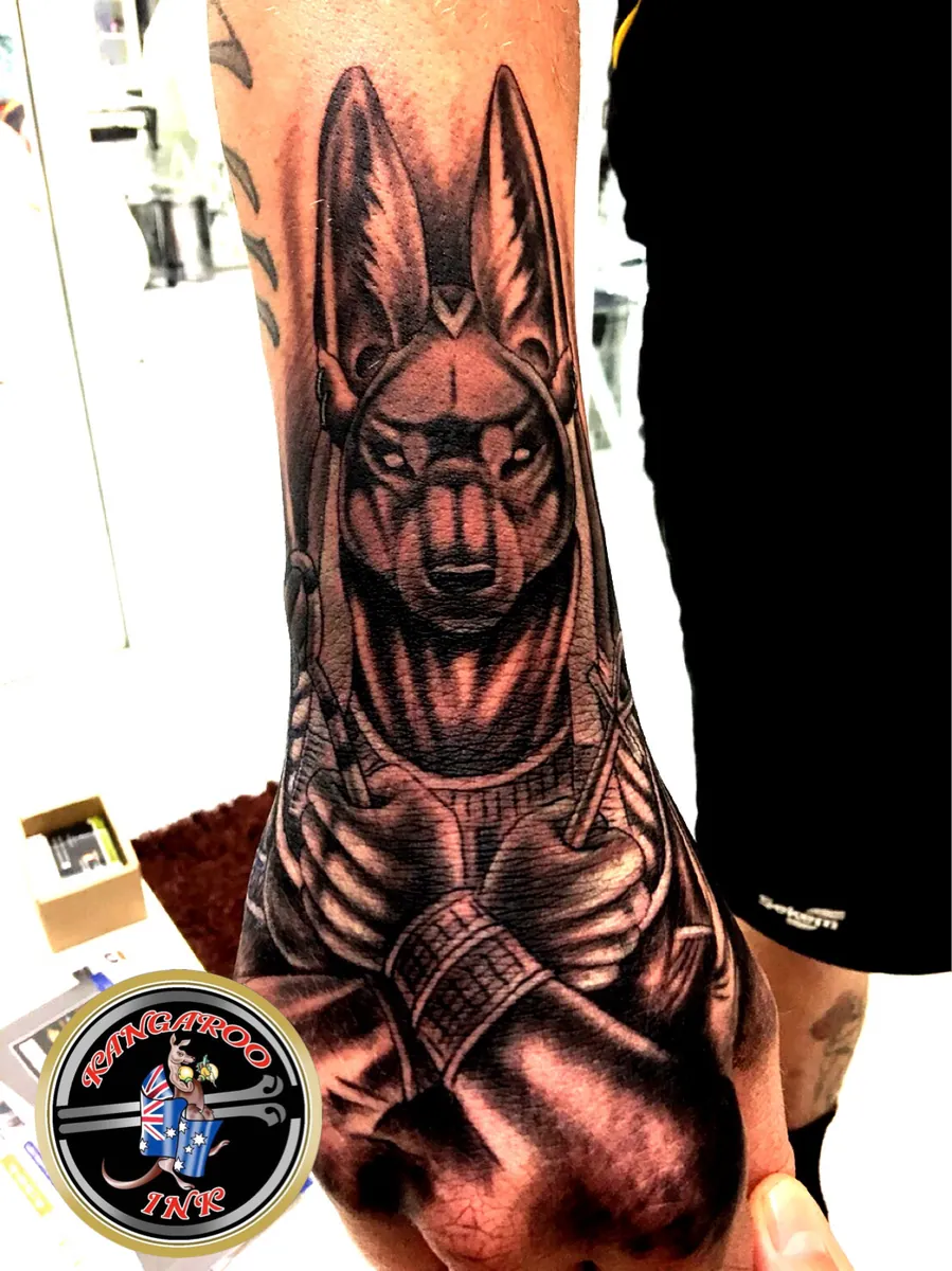 Detailed Anubis forearm tattoo by Kangaroo Ink Patong