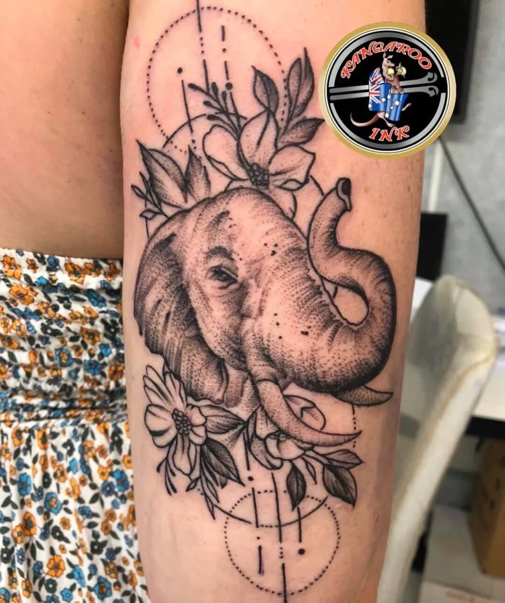 Fine line elephant and floral tattoo by Kangaroo Ink Patong