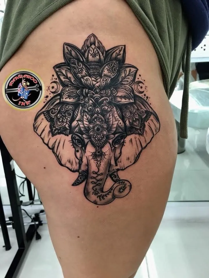 Ornamental elephant tattoo by Kangaroo Ink Patong